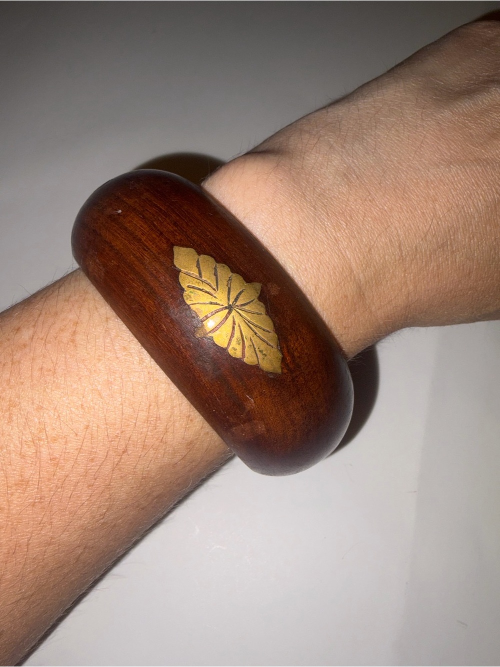 Y2K Chunky Wood Bangle Bracelet Brass Leaf Inlay Wide Boho Early 2000s